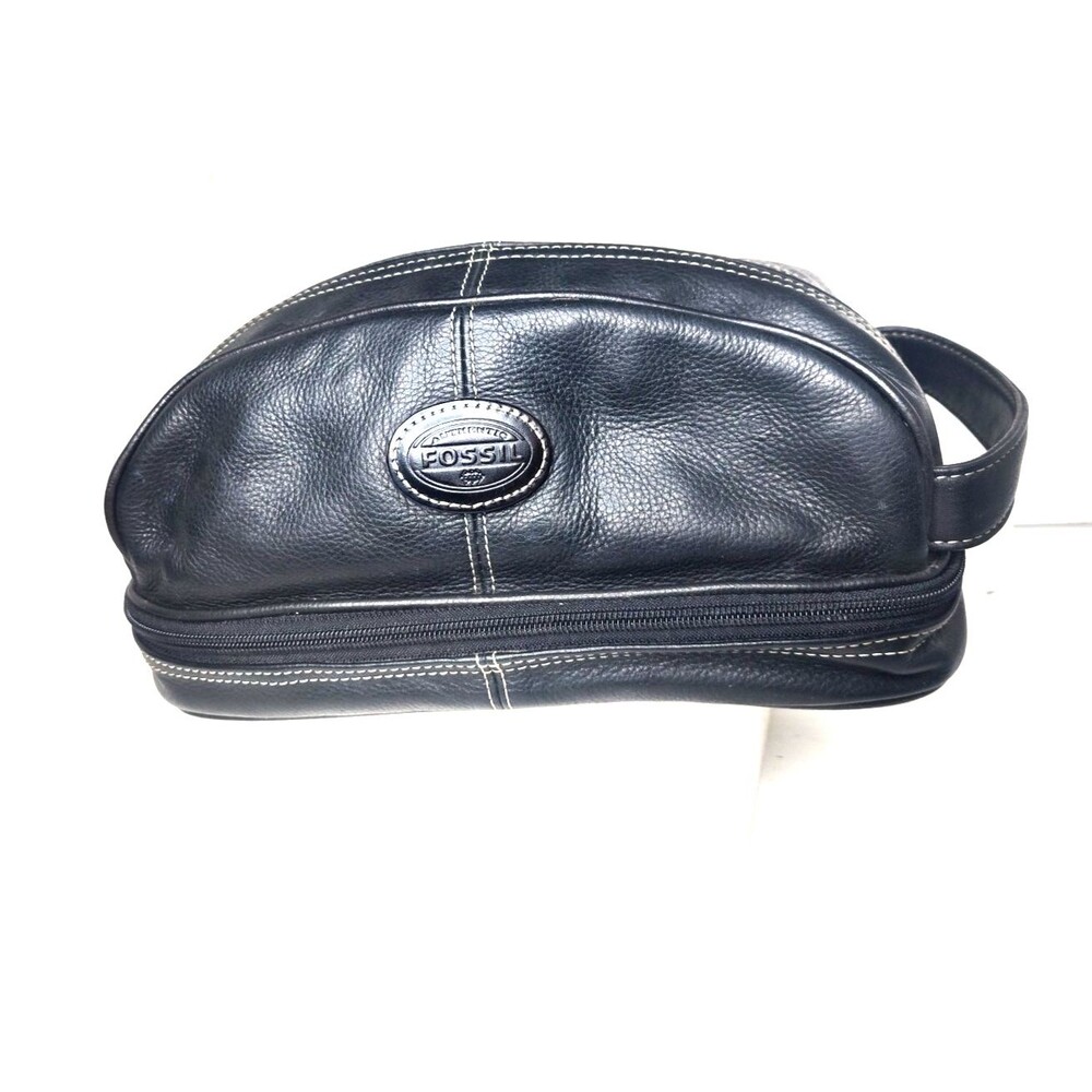 VTG Fossil Mens Black Genuine Leather Zip Top & Bottom Toiletry Bag Dopp Travel